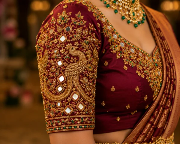 Close-up sleeve view of Bridal Peacock Aari Embroidery with heavy mirror work, zari, kundan stones and intricate peacock design.
