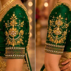 Close-up sleeve of Emerald Green Bridal Aari Blouse showcasing intricate floral embroidery, kundan work, pearl borders, and heavy Maggam craftsmanship.