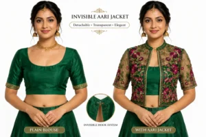 Emerald Green Floral Rose Invisible Aari Jacket Front View