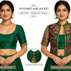 Emerald Green Floral Rose Invisible Aari Jacket Front View