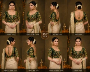 360 Degree View of Emerald Green Peacock Aari Work Bridal Blouse with Saree
