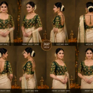 360 Degree View of Emerald Green Peacock Aari Work Bridal Blouse with Saree