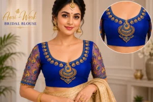 Royal Blue Peacock Bridal Aari Work Blouse front design with handcrafted Maggam embroidery and zari work.