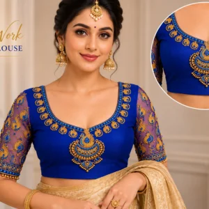 Royal Blue Peacock Bridal Aari Work Blouse front design with handcrafted Maggam embroidery and zari work.