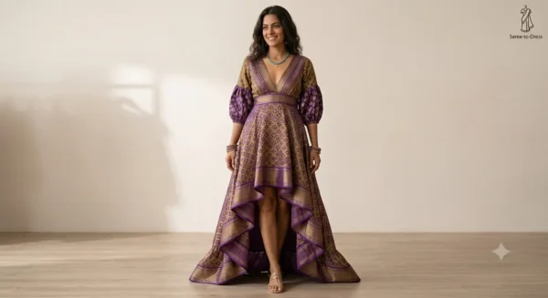 Custom Saree to Asymmetrical High-Low Dress Conversion