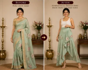 Custom Saree to Asymmetrical Draped Skirt Conversion