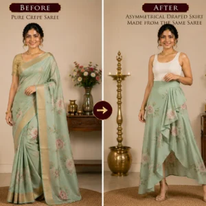 Custom Saree to Asymmetrical Draped Skirt Conversion