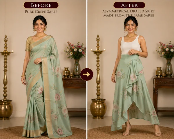 Custom Saree to Asymmetrical Draped Skirt Conversion