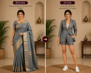 Custom Saree to Blazer & Shorts Co-Ord Set Conversion