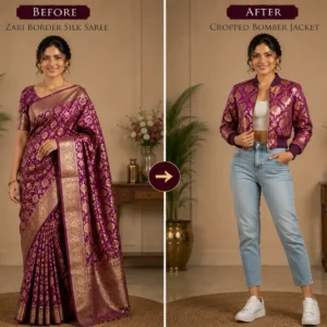 Custom Saree to Cropped Bomber Jacket Conversion