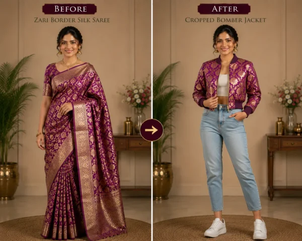 Custom Saree to Cropped Bomber Jacket Conversion