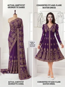 Custom Saree to Fit-and-Flare Skater Dress | Premium V-Neck Ruched Indo-Western Tailoring