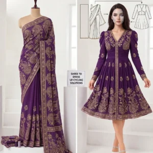 Custom Saree to Fit-and-Flare Skater Dress | Premium V-Neck Ruched Indo-Western Tailoring