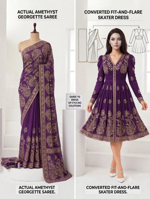 Custom Saree to Fit-and-Flare Skater Dress | Premium V-Neck Ruched Indo-Western Tailoring