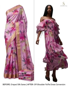 Custom Saree to Off-Shoulder Ruffle Dress Conversion