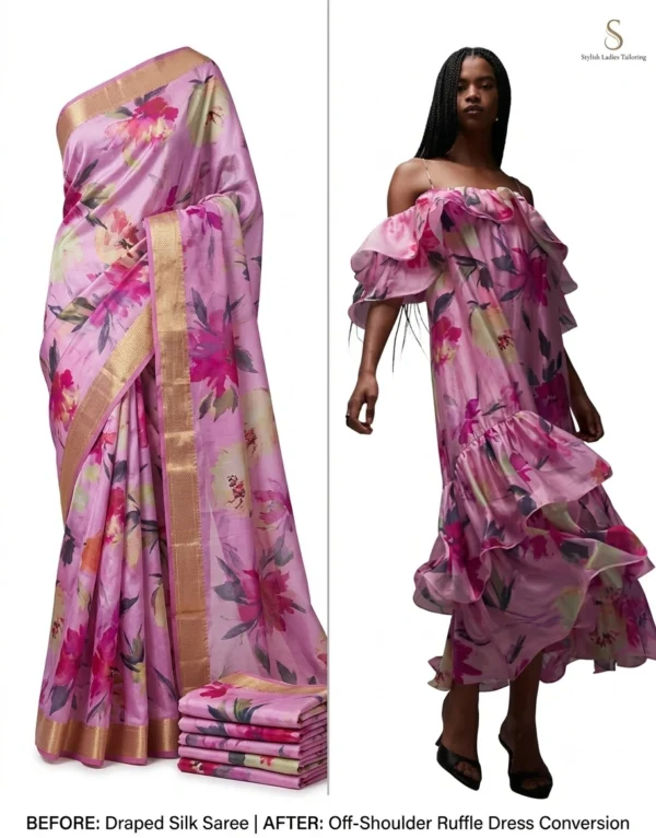 Custom Saree to Off-Shoulder Ruffle Dress Conversion