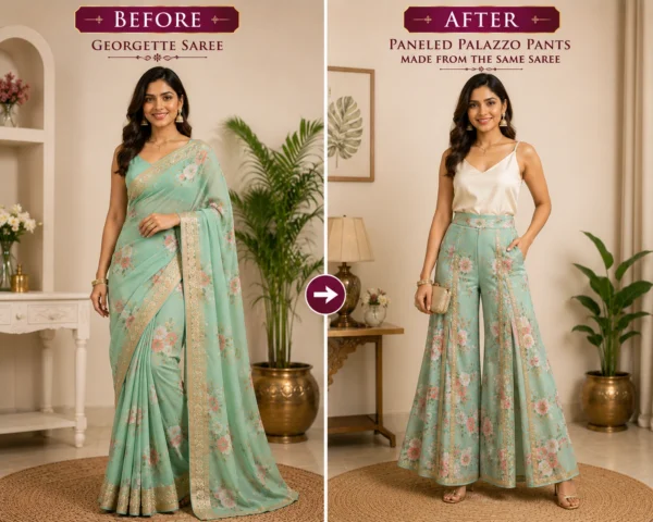 Custom Saree to Paneled Palazzo Pants Conversion