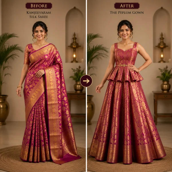 Custom Saree to Peplum Gown Conversion