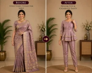 Custom Saree to Peplum Top & Cigarette Pants Conversion