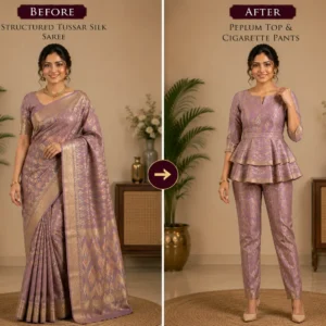 Custom Saree to Peplum Top & Cigarette Pants Conversion