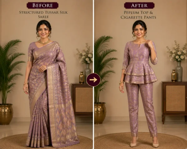 Custom Saree to Peplum Top & Cigarette Pants Conversion