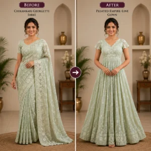 Custom Saree to Pleated Empire-Line Gown Conversion