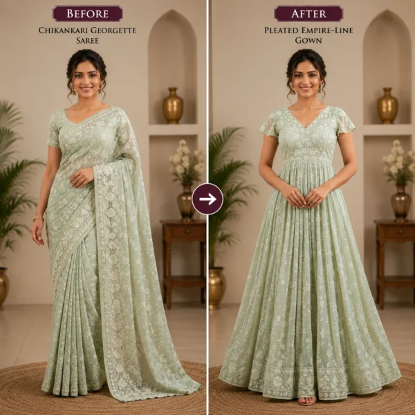 Custom Saree to Pleated Empire-Line Gown Conversion