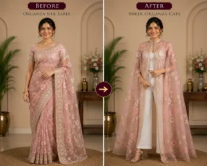 Custom Saree to Sheer Organza Cape Conversion