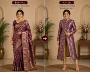 Custom Saree to Sherwani-Style Long Jacket Conversion