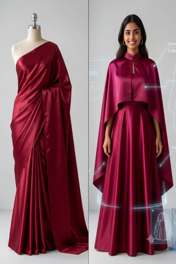 Custom Saree to Full-Length Cape Dress Conversion