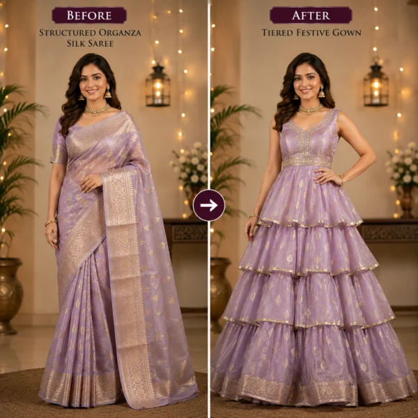 Custom Saree to Tiered Festive Gown Conversion