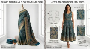 Custom Saree to Tiered Midi Dress Conversion