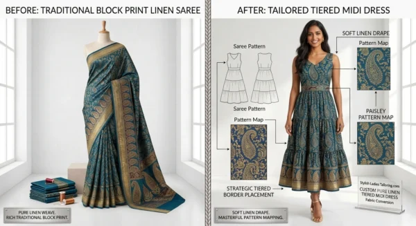 Custom Saree to Tiered Midi Dress Conversion