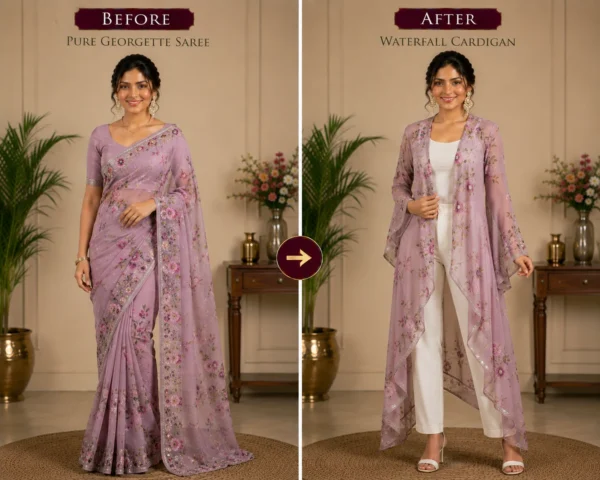 Custom Saree to Waterfall Cardigan Conversion