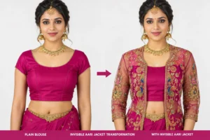 2 in 1 Invisible Aari Jacket with Royal Peacock Maggam Work embroidery on transparent organza detachable bridal blouse jacket