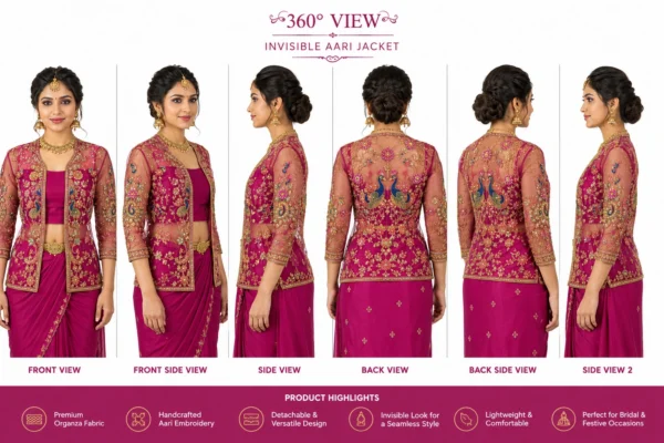 2 in 1 Invisible Aari Jacket with Royal Peacock Maggam Work embroidery on transparent organza detachable bridal blouse jacket 360 view