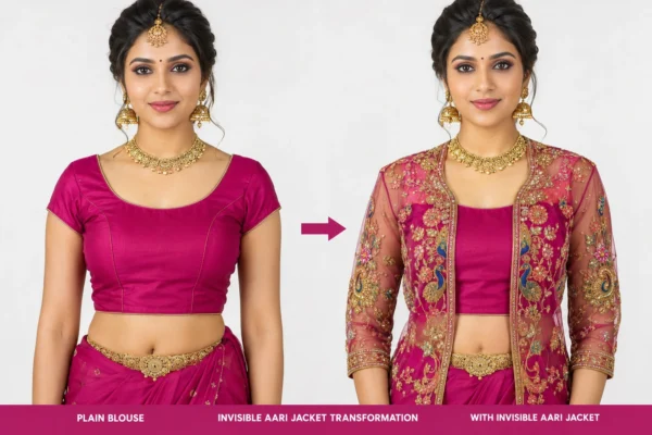 2 in 1 Invisible Aari Jacket with Royal Peacock Maggam Work embroidery on transparent organza detachable bridal blouse jacket
