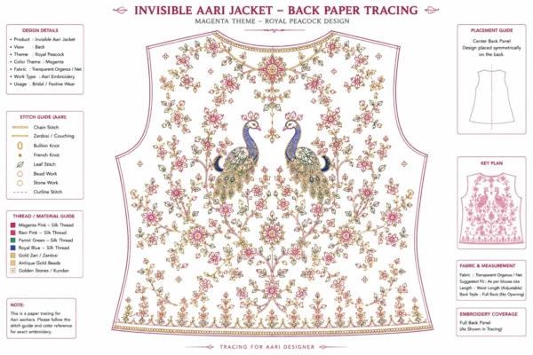 2 in 1 Invisible Aari Jacket with Royal Peacock Maggam Work embroidery on transparent organza detachable bridal blouse jacket back paper tracing