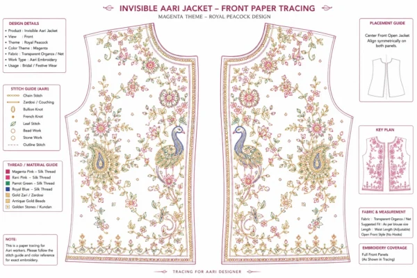2 in 1 Invisible Aari Jacket with Royal Peacock Maggam Work embroidery on transparent organza detachable bridal blouse jacket front paper tracing