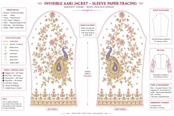 2 in 1 Invisible Aari Jacket with Royal Peacock Maggam Work embroidery on transparent organza detachable bridal blouse jacket sleeve paper tracing