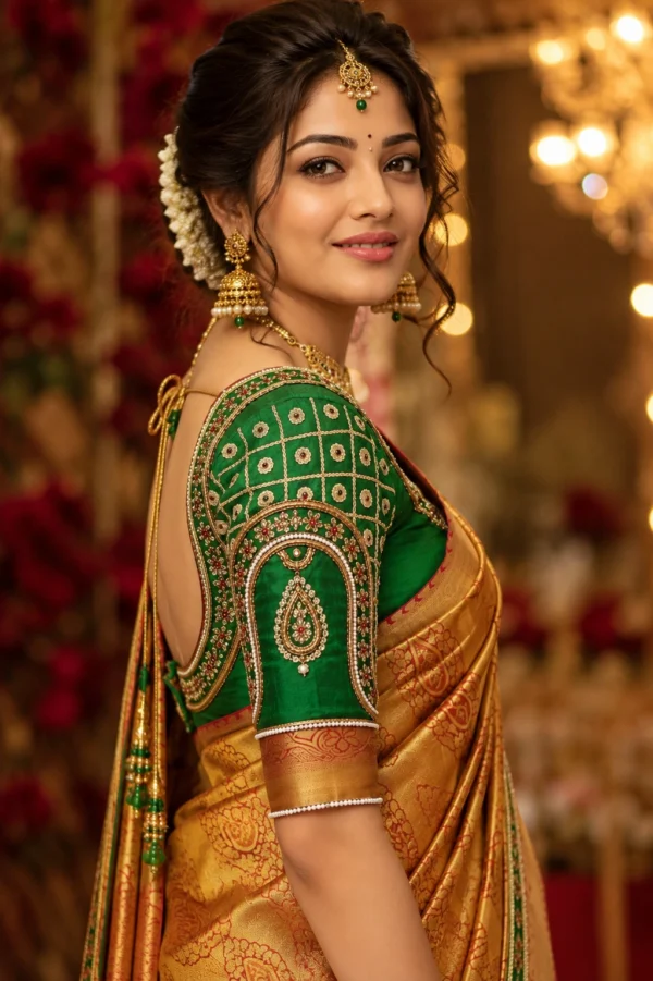 Emerald green Aari Blouse sleeve with paisley kundan and Maggam Work embroidery