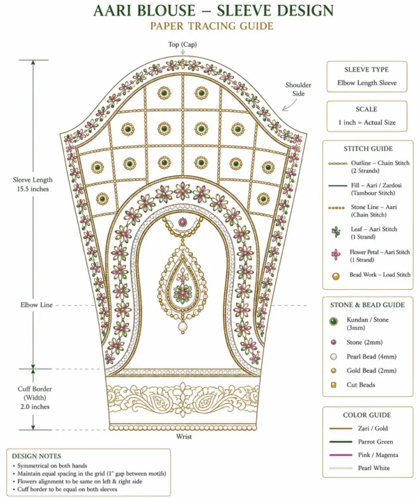 Aari Blouse sleeve paper tracing design with paisley and kundan embroidery guide