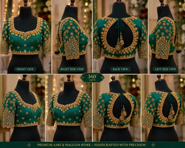 Emerald green Aari bridal blouse 360 degree view showing front, back and embellished sleeves