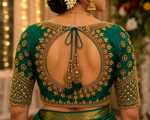 Emerald green Aari bridal blouse back view with ornate gold embroidery and dori latkan
