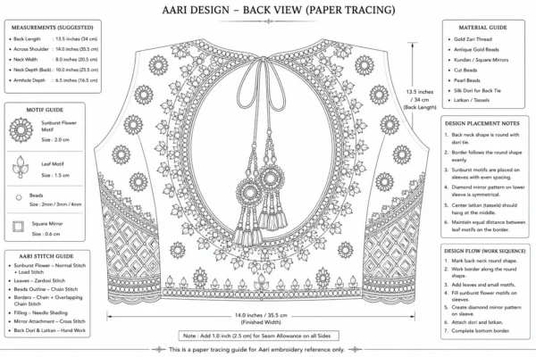 Emerald green Aari bridal blouse back view with ornate gold embroidery and dori latkan