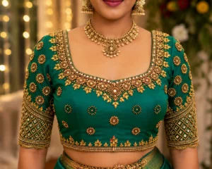Emerald green Aari bridal blouse front view with gold sunburst embroidery and mirror work