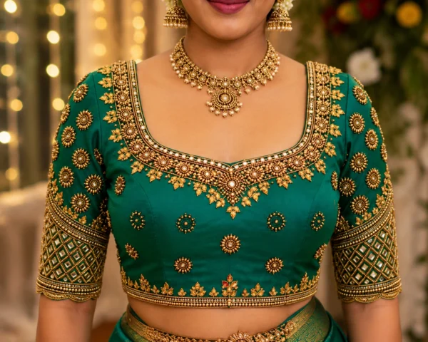 Emerald green Aari bridal blouse front view with gold sunburst embroidery and mirror work