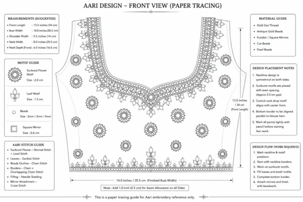 Emerald green Aari bridal blouse front view with gold sunburst embroidery and mirror work