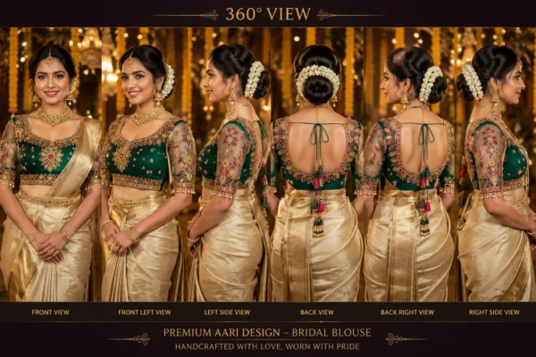 360 Degree View of Emerald Green Bridal Aari Blouse featuring Floral Aari Embroidery, Maggam Work and Transparent Sleeves