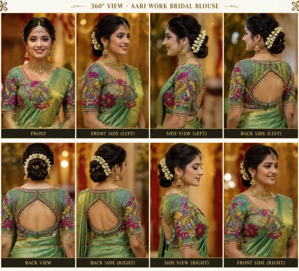 360 Degree View of Emerald Green Bridal Aari Blouse with Royal Paisley Maggam Work for South Indian Wedding